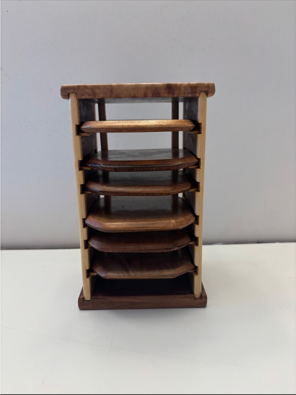 Set of 6 wooden coasters with coaster shelf